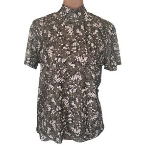Mia Joy Floral Mock Neck Sheer Top Women XL Short Sleeve Stretch NWT Olive Green